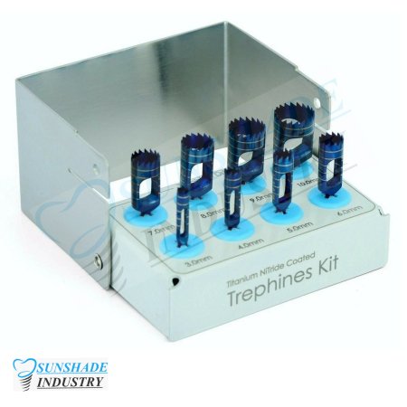 Dental Implant Trephine Kit 8 Pcs Blue Titanium Coated & Bur Holder